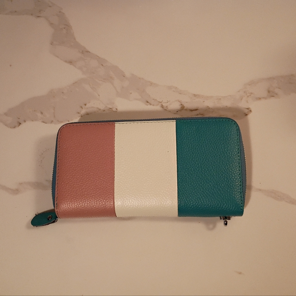 Tri-Color Zip Wallet - Tan, White & Teal
